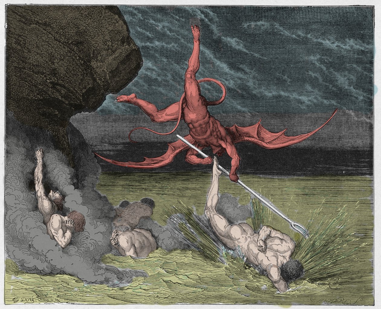 Inferno, Chant 22 : Ciampolo échappe au démon Alichino dans la cinquième bolgia, illustration de La Divine Comédie de Dante Alighieri, 1885 - Gustave after Dore