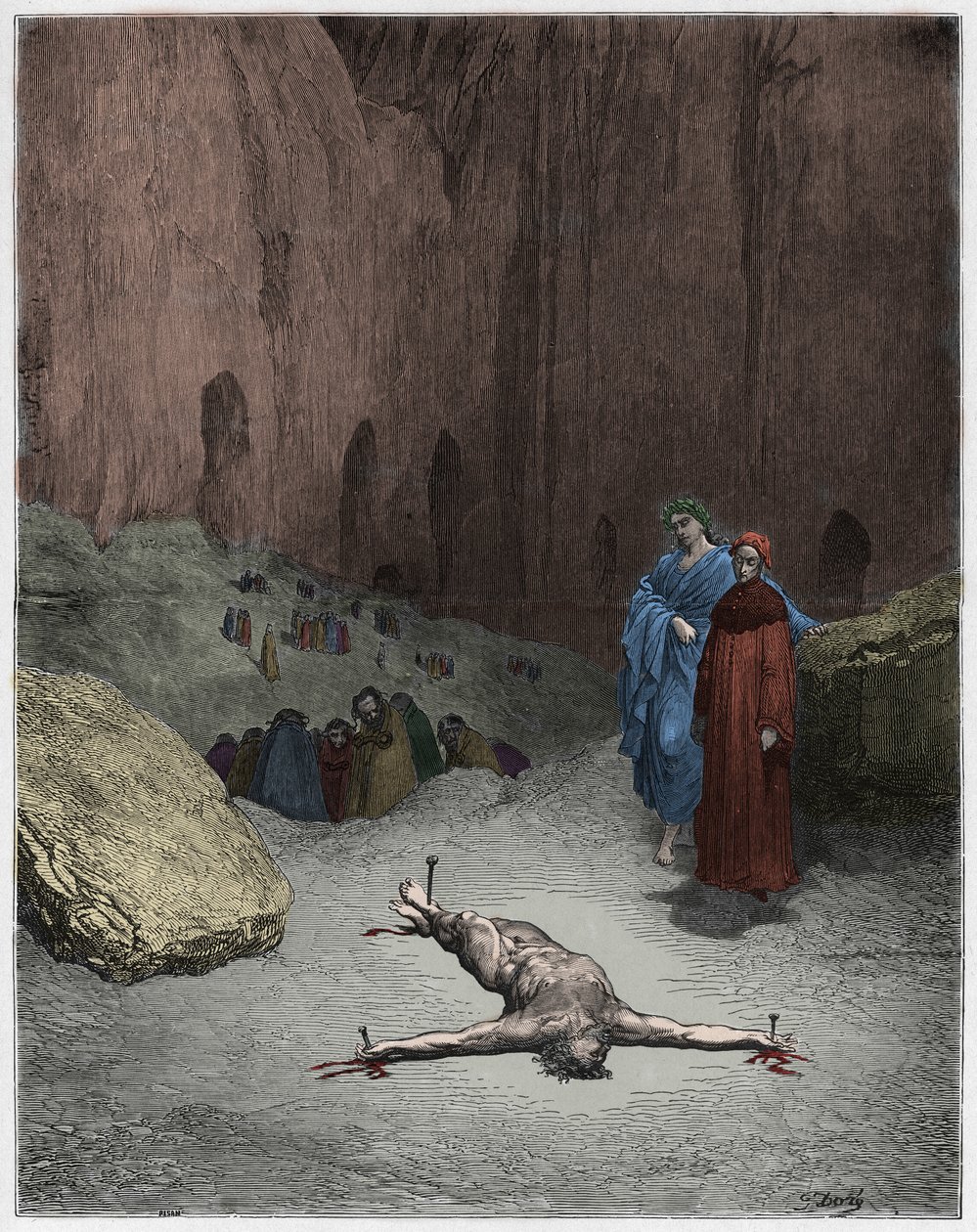Inferno, Chant 23 : Un pharisien crucifié parmi les hypocrites, illustration de La Divine Comédie de Dante Alighieri, 1885 - Gustave after Dore