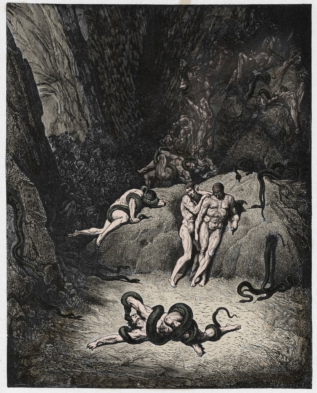Inferno, Chant 25 : Agnello se transformant en serpent, illustration de La Divine Comédie de Dante Alighieri, 1885 - Gustave after Dore
