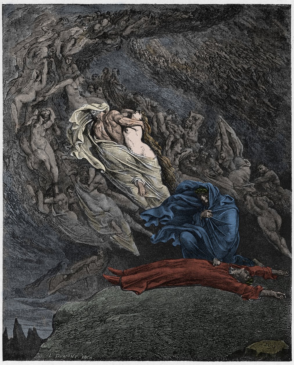 Inferno, Chant 5 : Francesca Da Rimini décrit sa mort, illustration de La Divine Comédie de Dante Alighieri, 1885 - Gustave after Dore