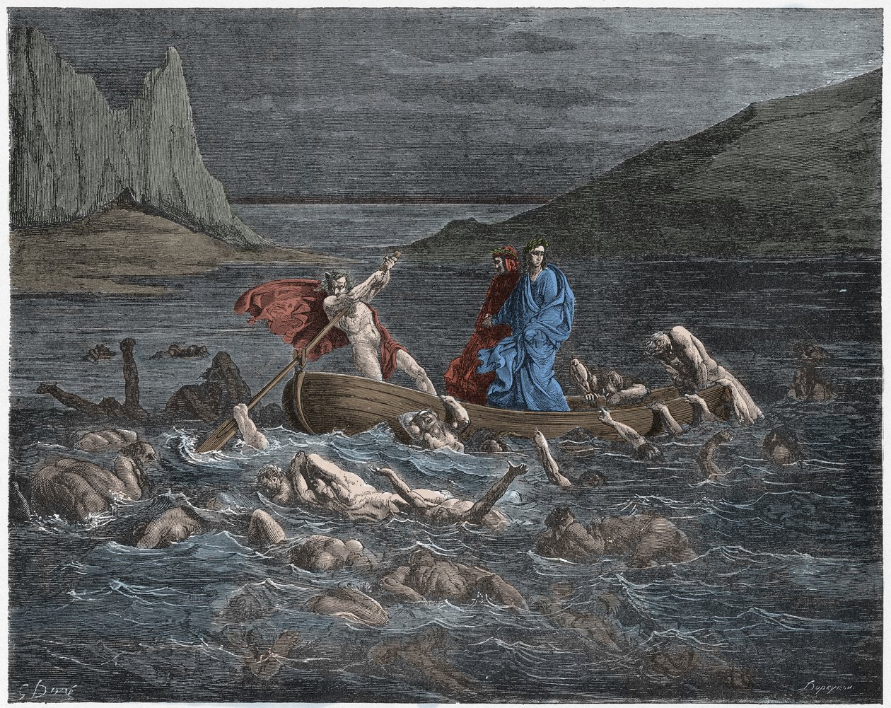 Inferno, Chant 8 : Phlégias transporte Dante et Virgile à travers le Styx, illustration de La Divine Comédie de Dante Alighieri, 1885 - Gustave after Dore