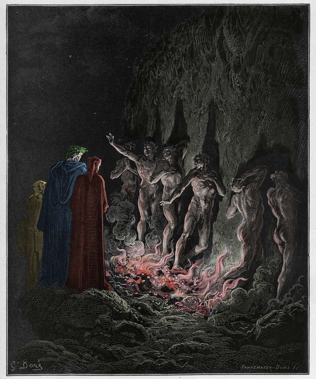 Purgatoire, Chant 25 : Les luxurieux passent à travers le feu dans le septième cercle, illustration de La Divine Comédie de Dante Alighieri, 1885 (gravure colorée numériquement) - Gustave after Dore