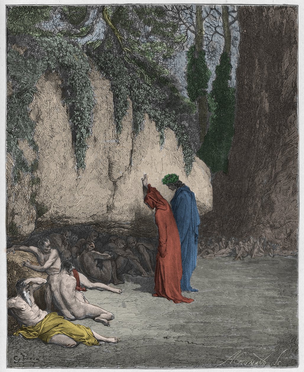 Purgatoire, Chant 4 : Les âmes indolentes à côté du rocher, illustration de La Divine Comédie de Dante Alighieri, 1885 (gravure colorée numériquement) - Gustave after Dore