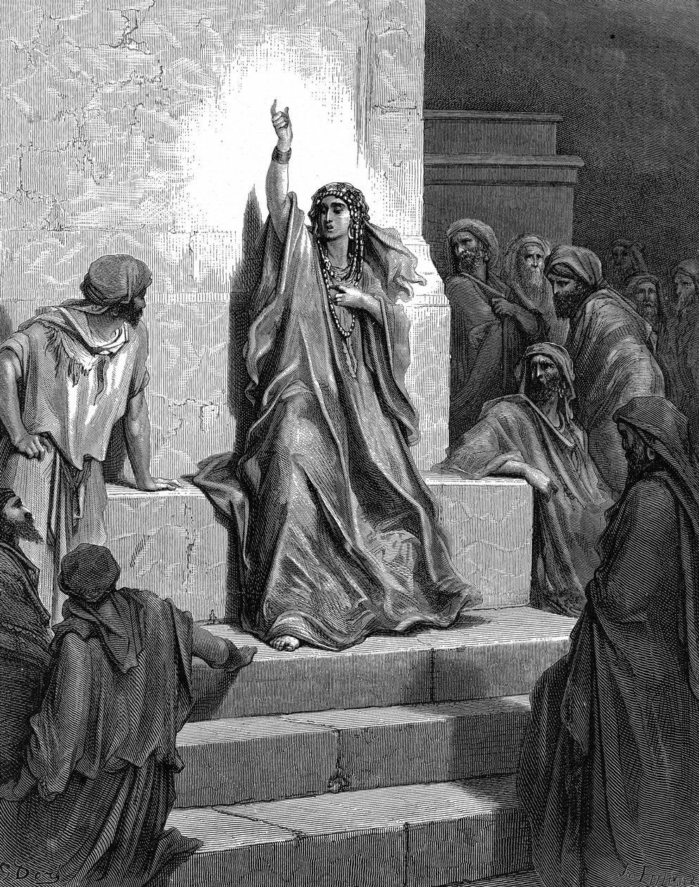 Déborah, prophétesse hébraïque qui a délivré son peuple de Jabin, roi de Canaan, et de son général Sisera, chantant son chant de triomphe. Juges 5:1. XIIIe siècle av. J.-C. De la Bible illustrée de Gustave Doré 1866. Gravure sur bois. - Gustave (after) Dore