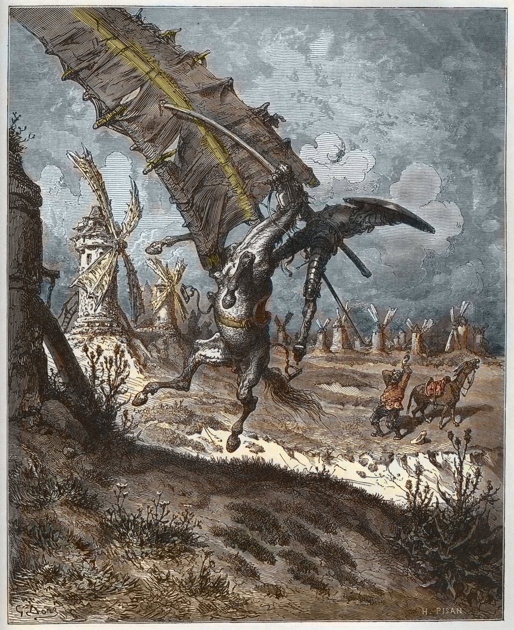 Don Quichotte et les moulins à vent de « Don Quichotte de la Manche » par Miguel Cervantes (1547-1616) - gravé par Heliodore Joseph Pisan (1822-90) d