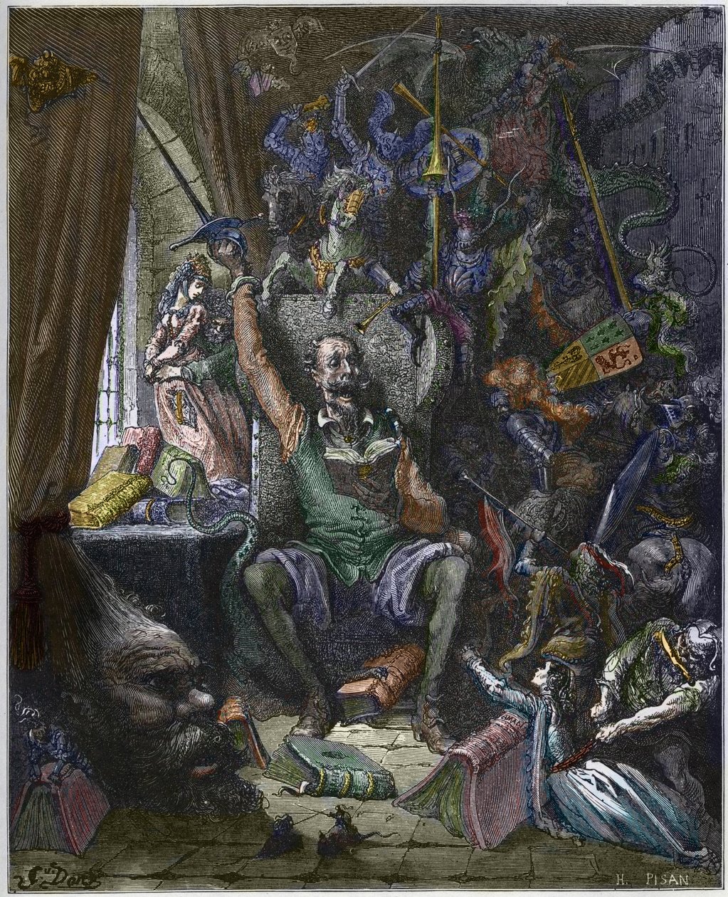 Don Quichotte dans son étude entouré des fantômes de ses rêveries - "Don Quichotte de la Manche" par Miguel Cervantes (1547-1616) gravé par Heliodore Joseph Pisan (1822-90) d