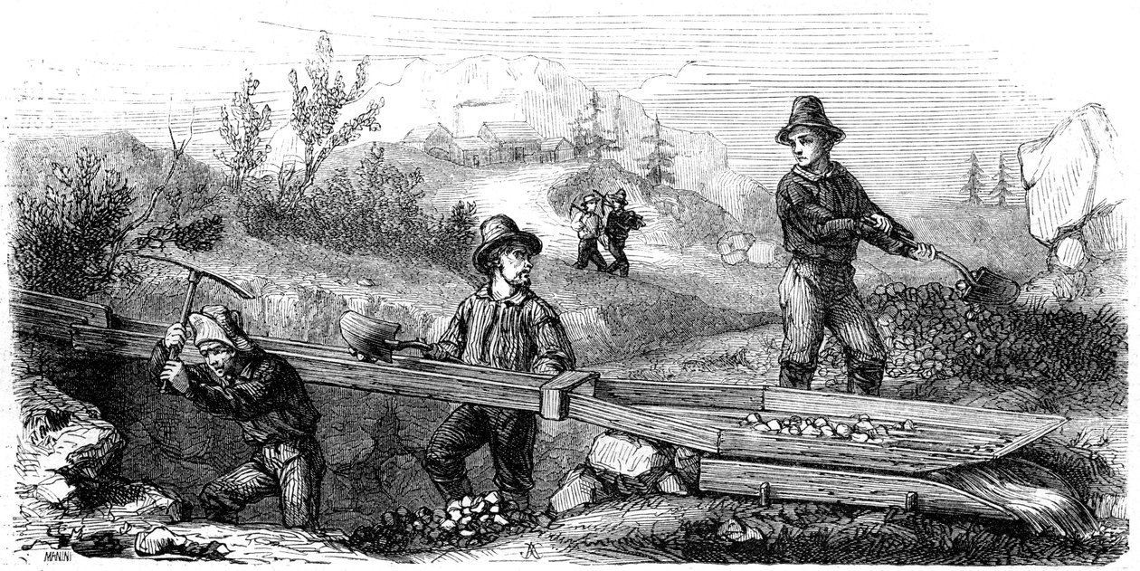 Mineurs français travaillant une longue rigole, Californie, XIXe siècle - Gustave Adolphe Chassevent Bacques
