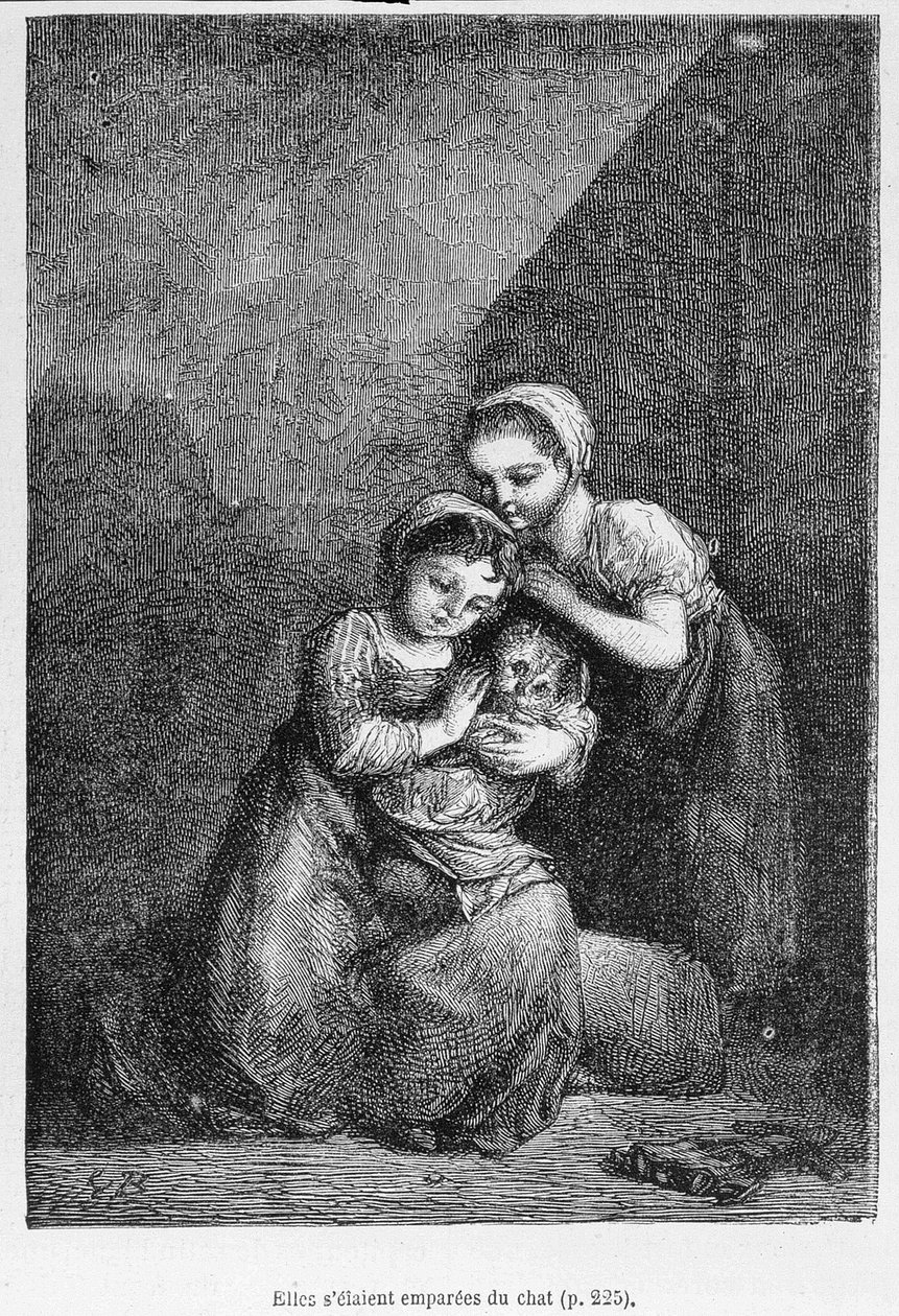 Cosette et son amie et le chat - dans "Les Misérables" par Victor Hugo, ill. par Brion, éd. Hetzel et Lacroix - Gustave Brion