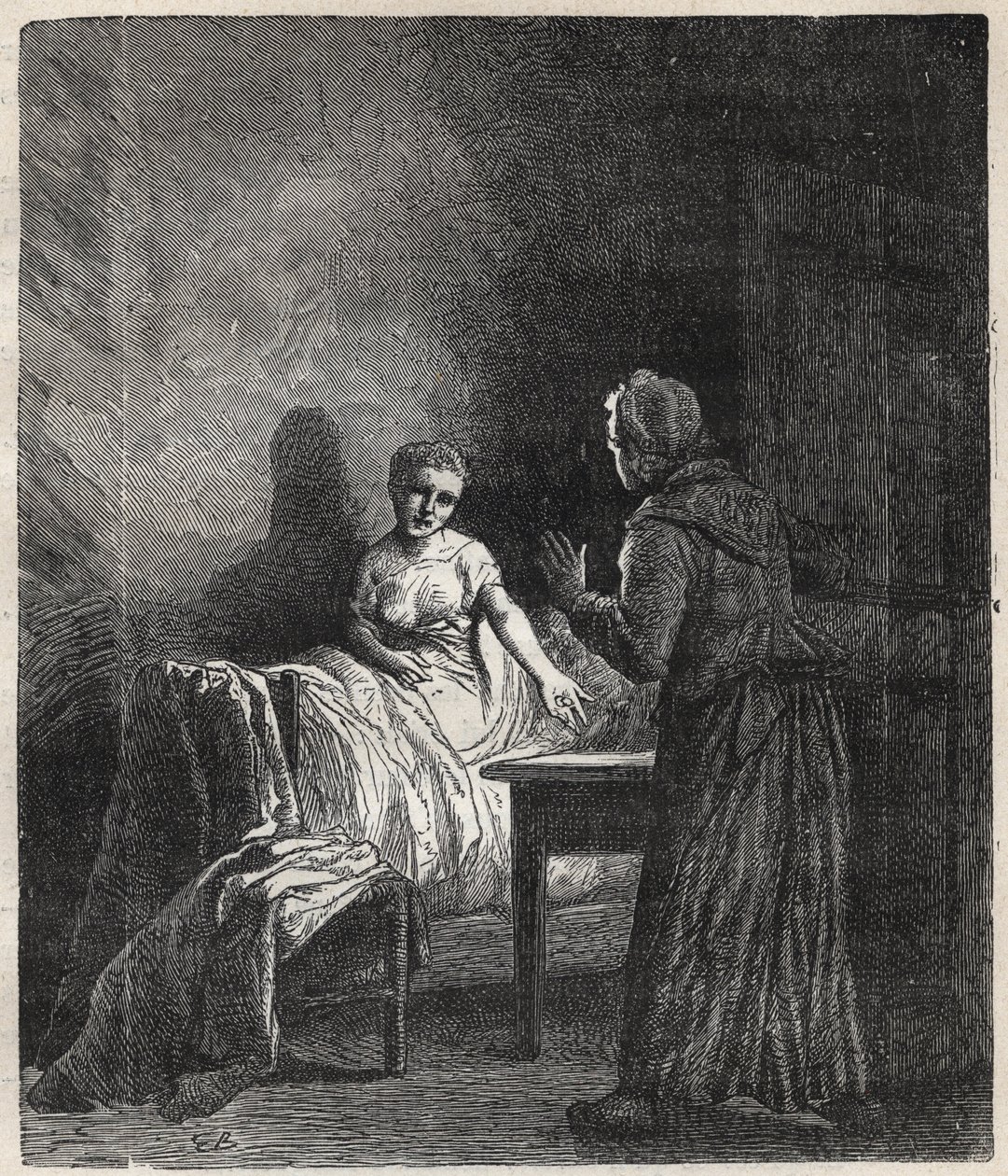 Marguerite entre dans la chambre de Fantine et Fantine lui montre deux Napoléons (pièces) qui peuvent sauver Cosette, sa fille - Illustration par Gustave Brion (1824-1877) pour « Les Misérables - Première partie : Fantine » de Victor Hugo (1802-1885) 1862 - Gustave Brion