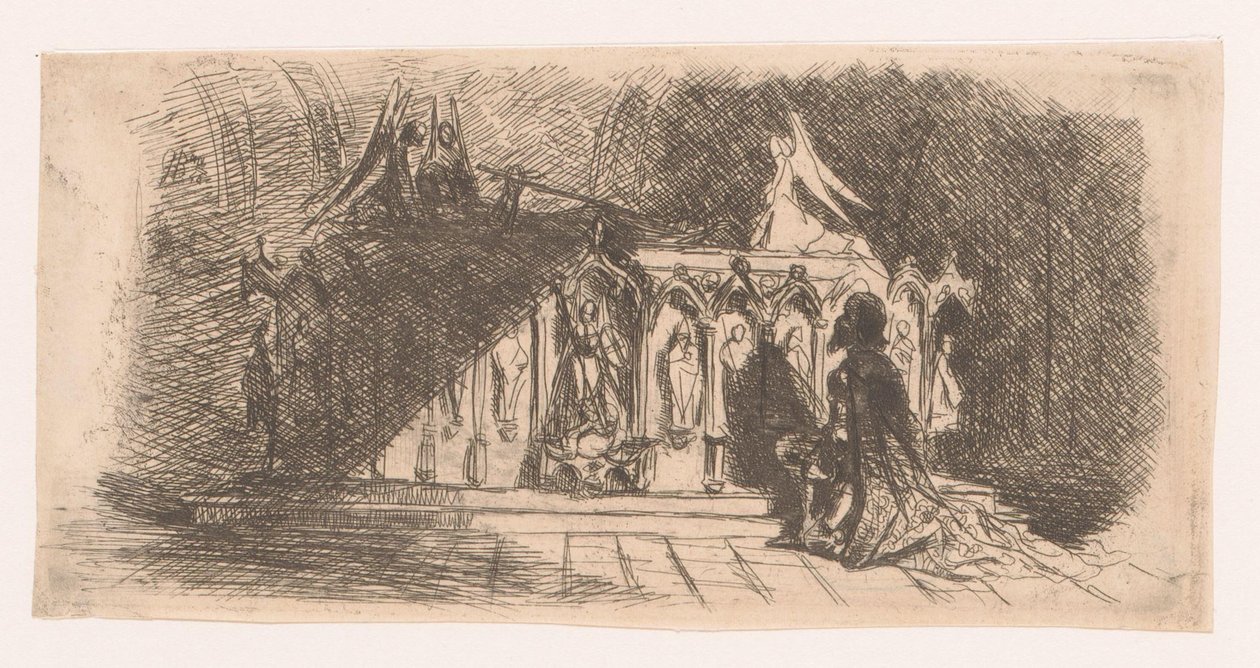 Homme agenouillé devant une tombe gothique - Gustave Buschmann