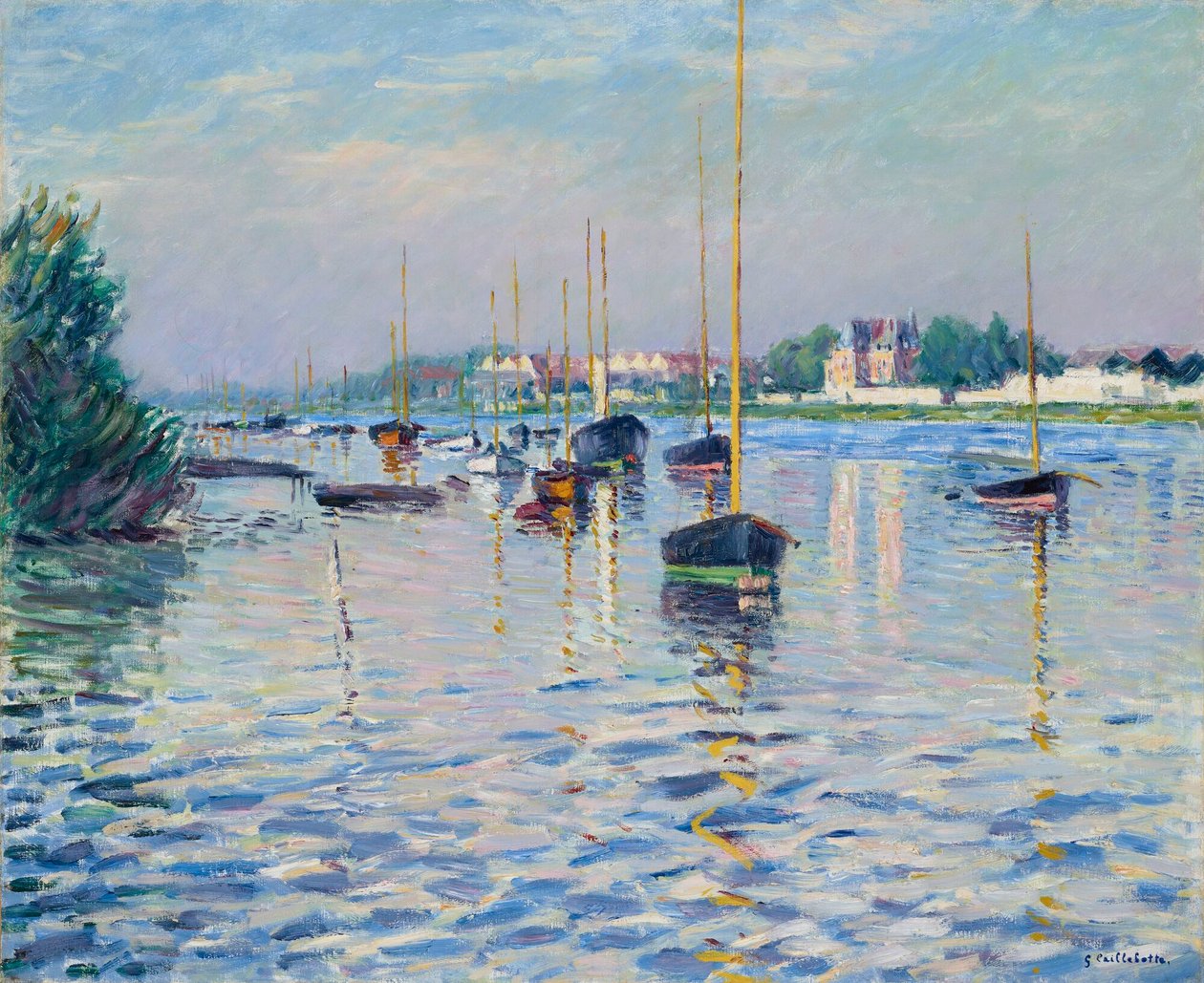 French: Bateaux au mouillage sur la Seine à Argenteuil Boats moored on the Seine at Argenteuil - Gustave Caillebotte