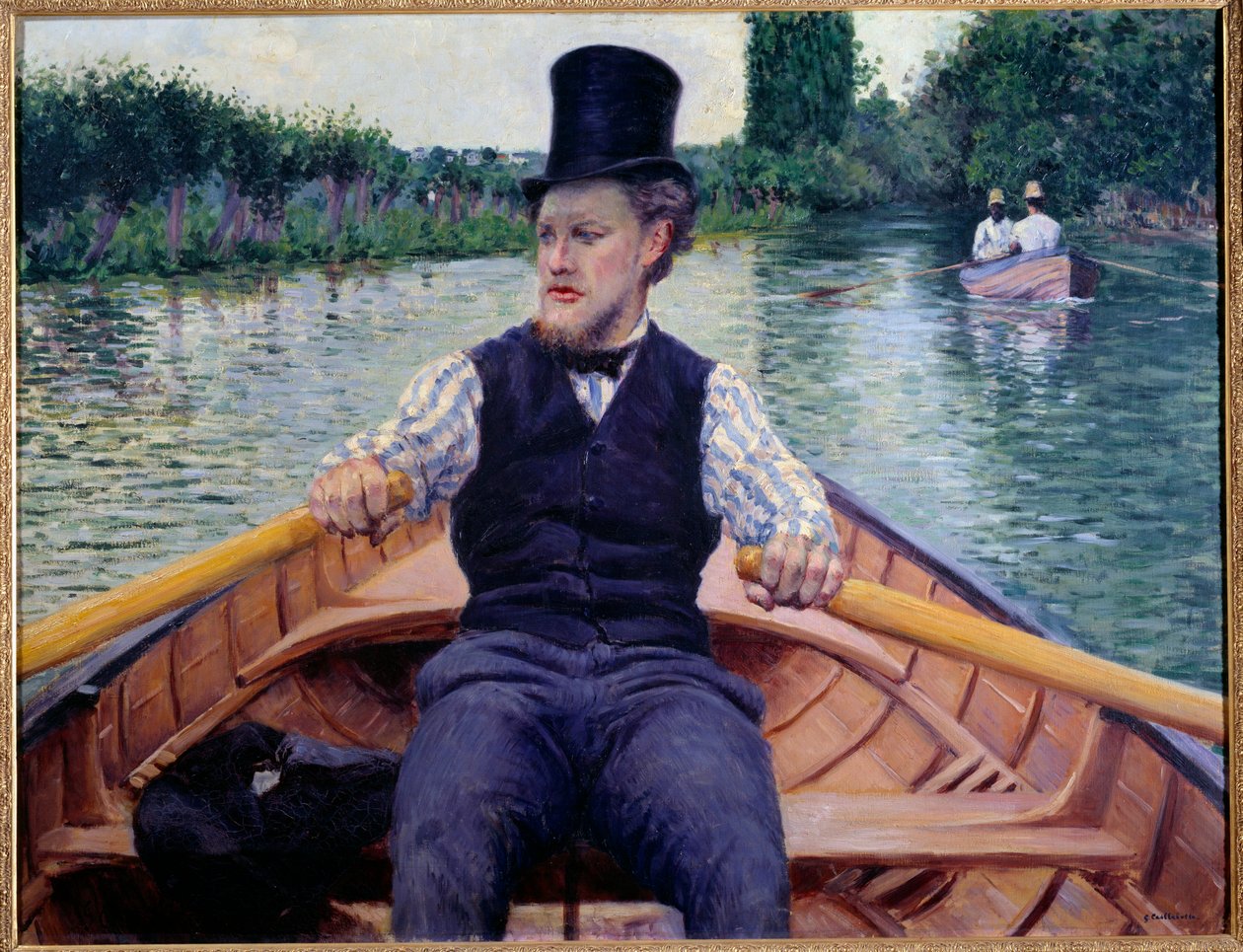 Partie du bateau. Un homme portant un chapeau haut rame dans un bateau - Gustave Caillebotte