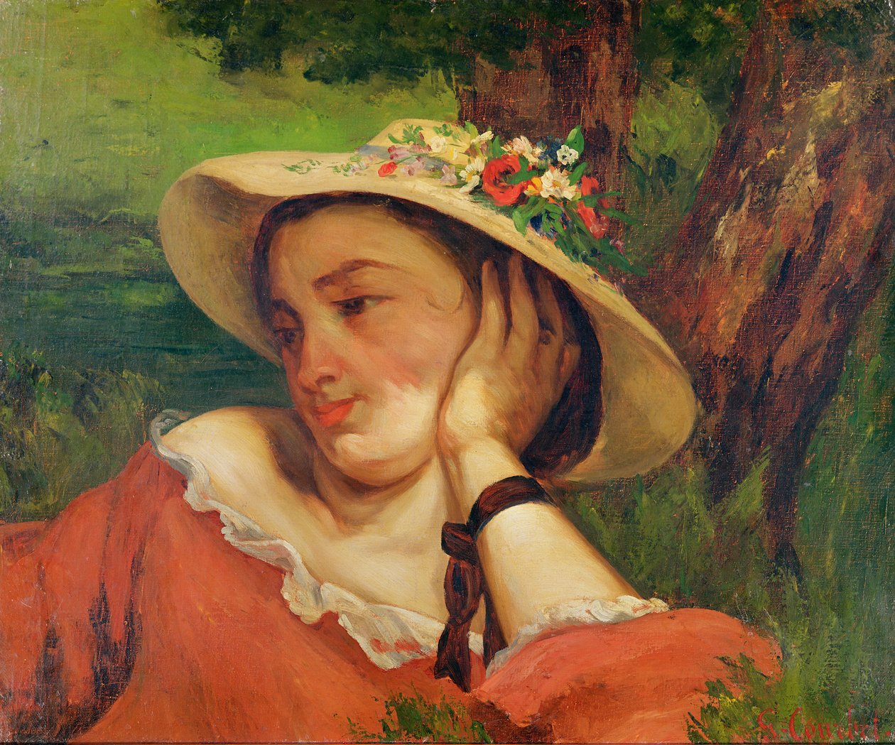 Femme au chapeau de paille avec des fleurs, c.1857 - Gustave Courbet