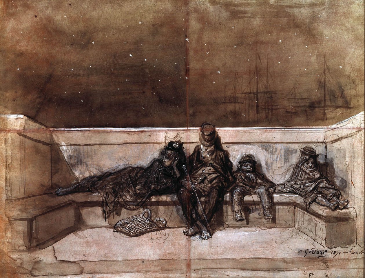 Un couple et deux enfants dormant sur un pont de Londres) de Gustave Dore - Gustave Dore