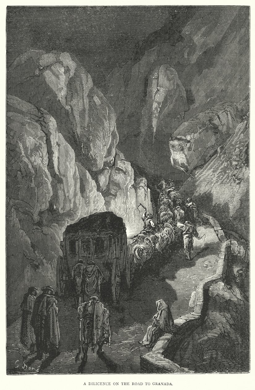 Une diligence sur la route de Grenade (gravure) - Gustave Dore