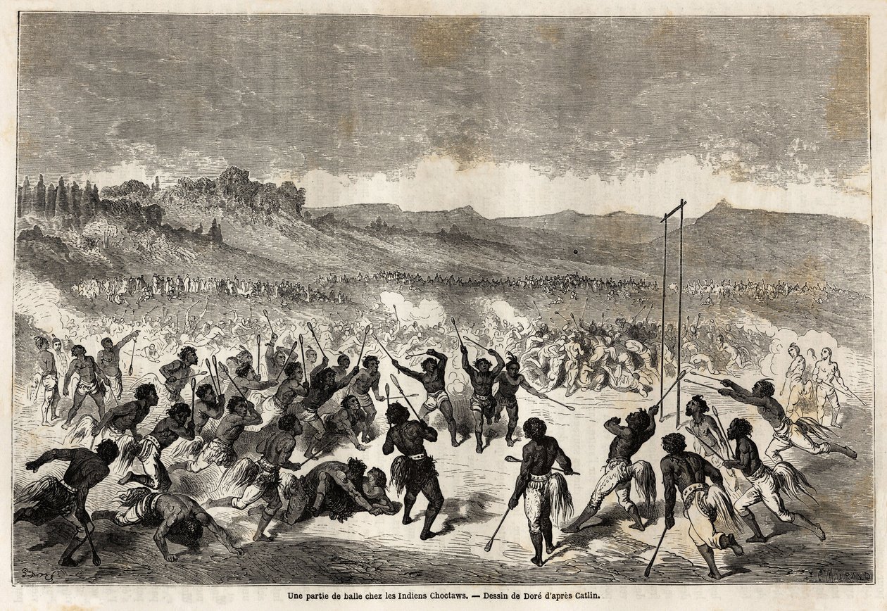 Un jeu de balle parmi les Indiens Choctaws, tribu de la région du Mississippi, dessiné par Gustave Doré (1832-1883), pour illustrer le voyage du Mississippi à l