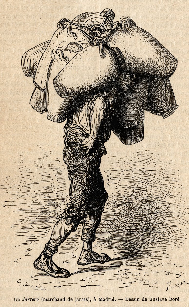 Un marchand de jarres, croquis pris sur le vif à Madrid. Gravure par Gustave Doré (1832-1883) pour illustrer son voyage en Espagne, avec Ch. Davillier (éditeur), en 1862 - Gustave Dore