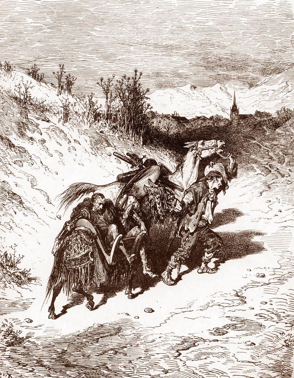 Un laboureur de son propre village ramène Quichotte chez lui Gravure par Gustave Doré (1832-1883) pour « L