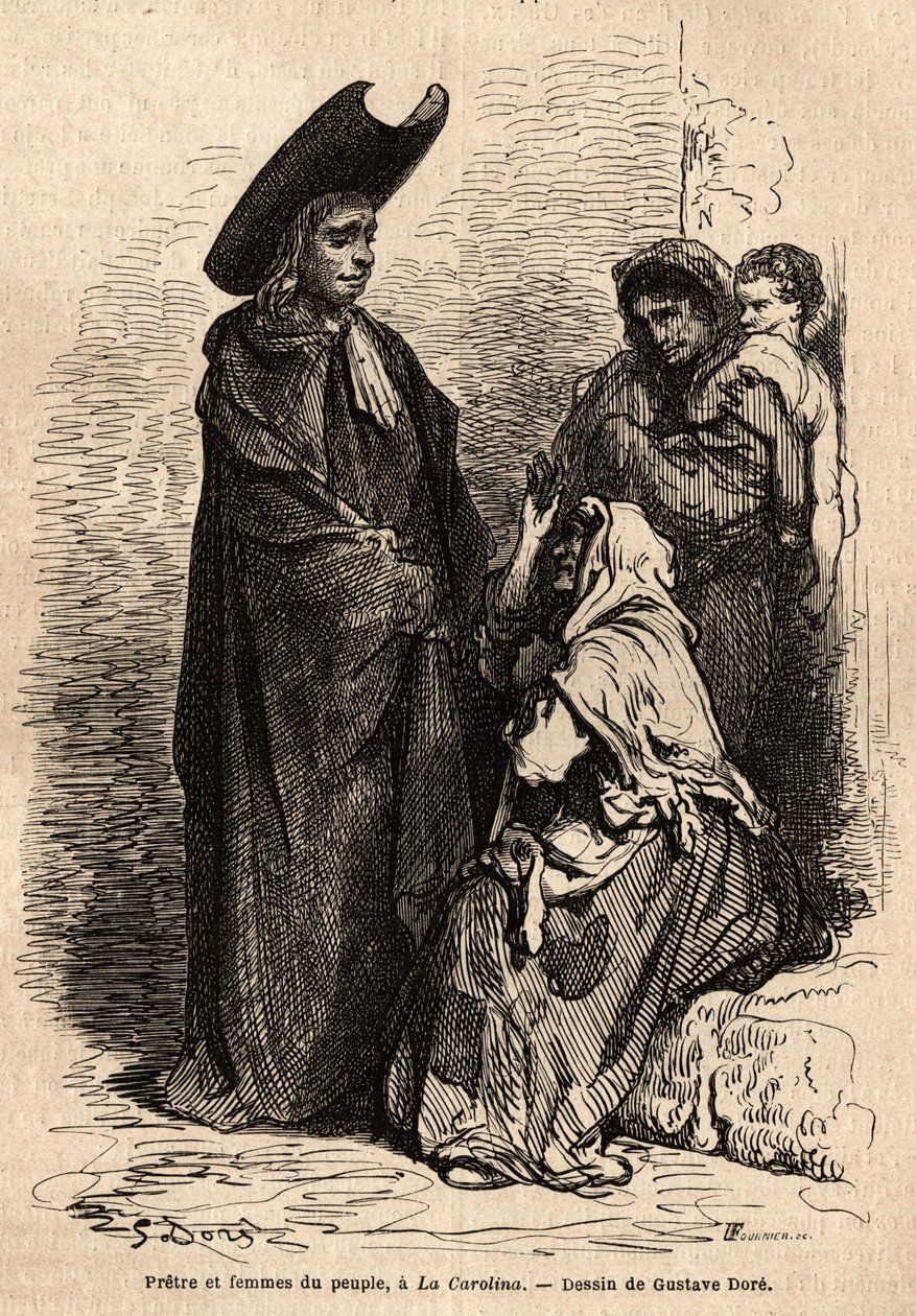 Un prêtre et une femme du peuple, vêtus de haillons ; les mendiants professionnels espagnols installés sur les parvis des églises pour exploiter habilement la charité chrétienne. Gravure pour illustrer le voyage - Gustave Dore