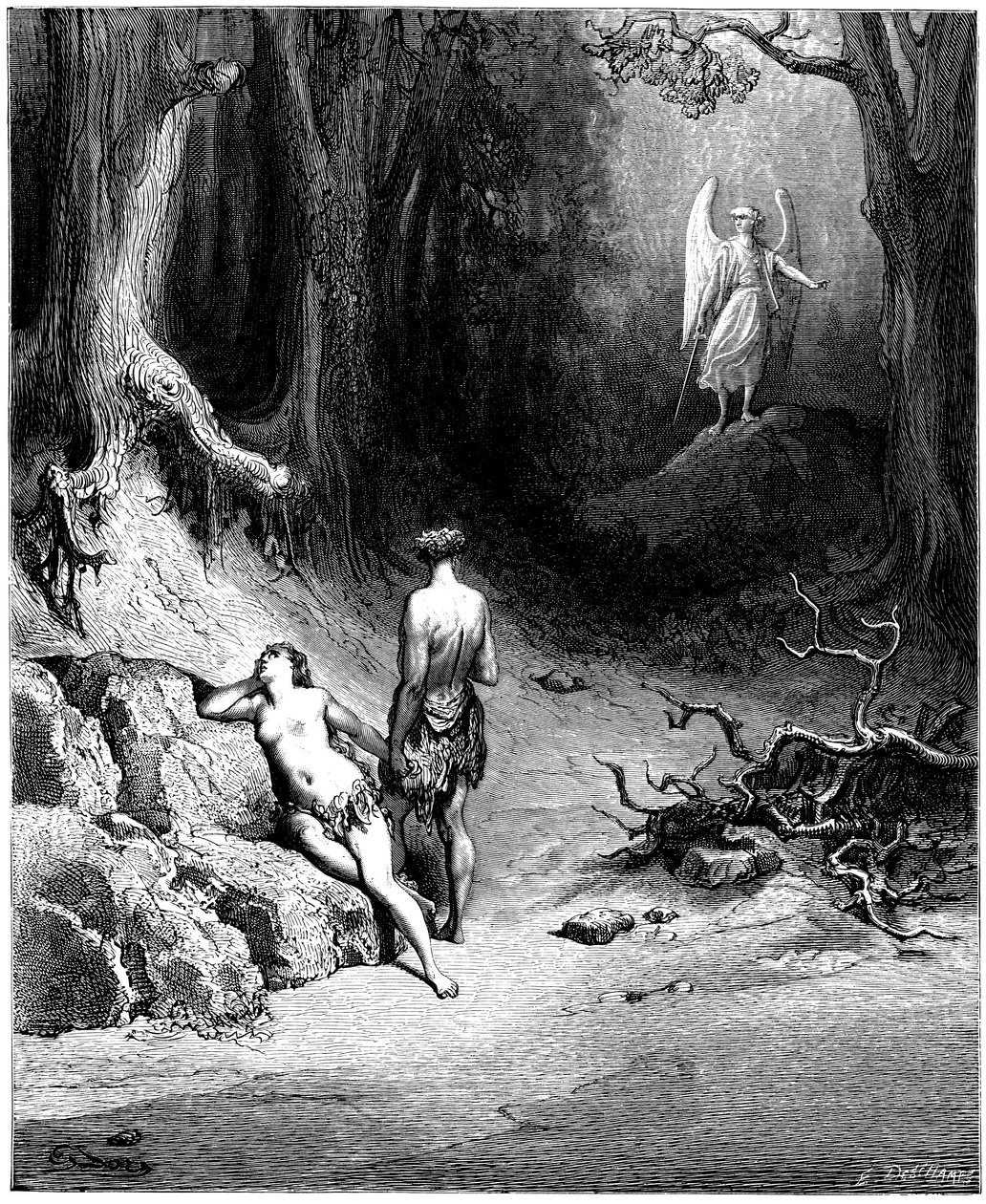 Adam et Ève chassés du Paradis. Illustration de Gustave Doré pour « Le Paradis Perdu » de John Milton (1608-1674). Gravure de 1866. Collection Privée - Gustave Dore