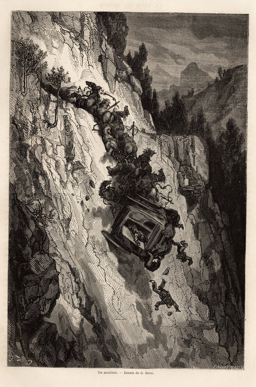 Un accident de diligence, dessin par Gustave Doré (1832-1883), pour illustrer son voyage en Espagne, avec C. Davillier, en 1862. Gravure dans « Le tour du monde », édité par Edouard Charton - Gustave Dore