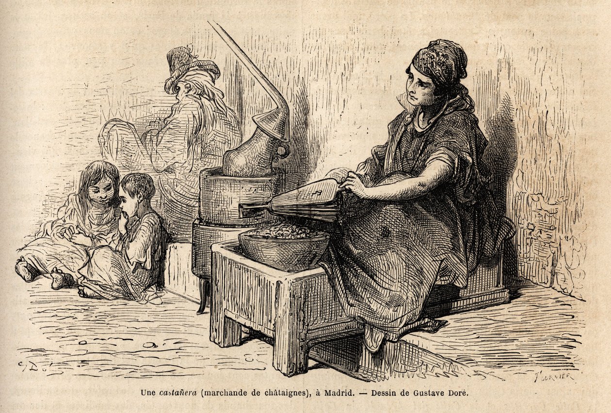 Une marchande de châtaignes en plein air, avec son four portable, croquis sur le vif à la Puerta del Sol, à Madrid. Gravure par Gustave Doré (1832-1883) pour illustrer son voyage en Espagne, avec Ch. Davillier (éditeur), en 1862, publié dans "Le tour du mo - Gustave Dore