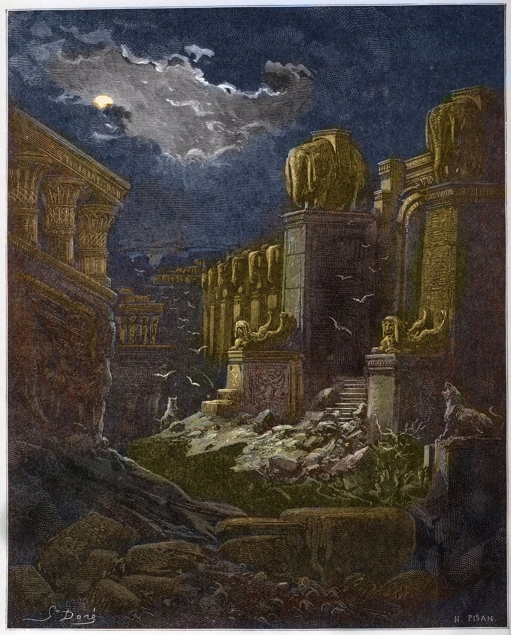 Babylone en ruine - La Chute de Babylone - Babylone en ruine (vision de Saint Jean) - Gravure dans « La Bible illustrée » par Gustave Doré (1832-1883) - Gravure de « La Bible de Doré » - Gustave Dore