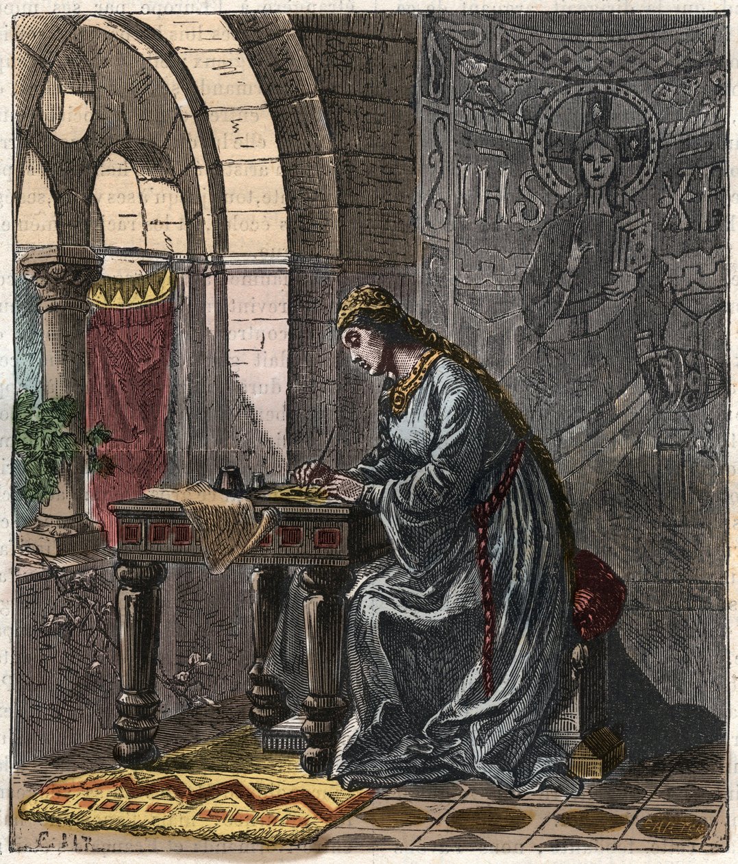 Bertrade de Montfort, reine de France (épouse de Philippe Ier roi de France) à Fontevrault - Gravure par Gustave Doré du 19ème siècle dans « Histoire nationale illustrée de la France des temps les plus reculés à nos jours » 1876 - Collection privée - Gustave Dore