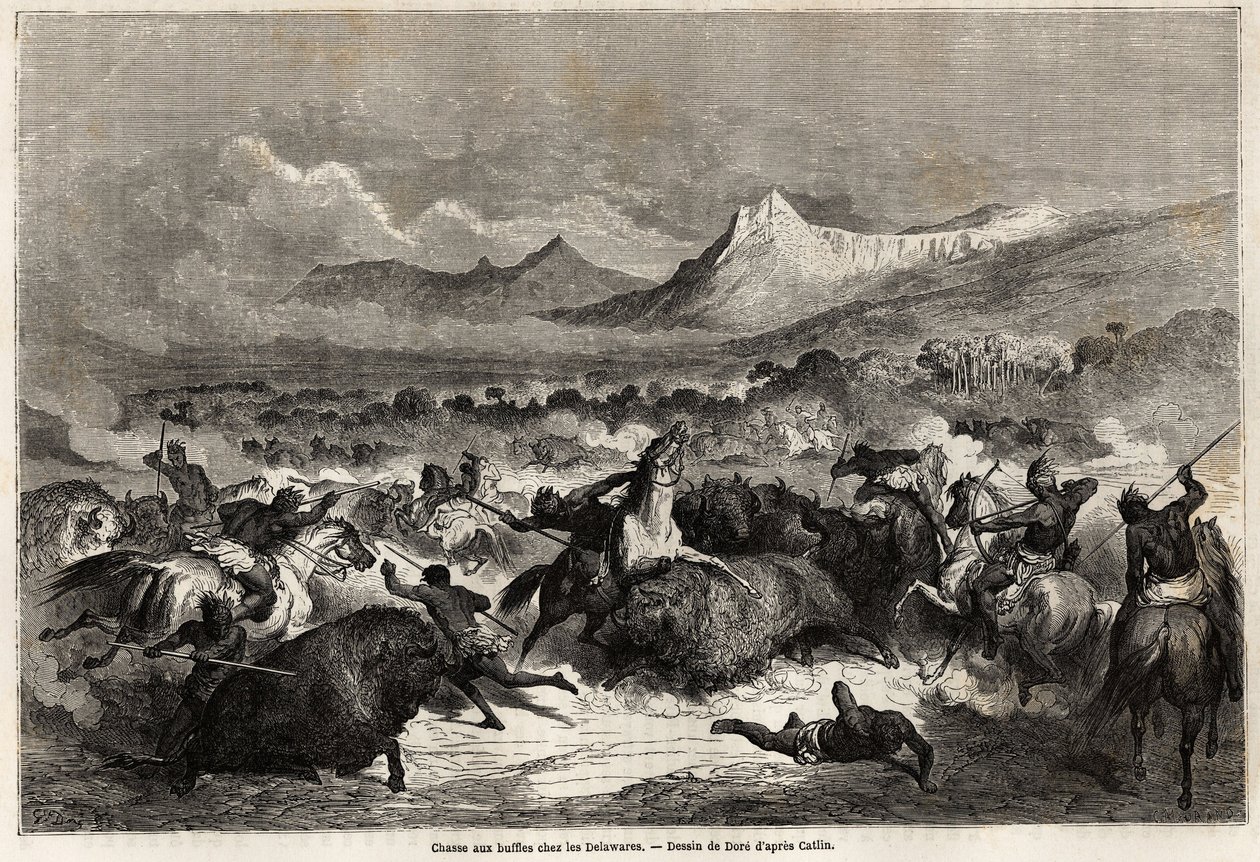 Chasse au bison parmi les Delawares, Amérindiens vivant sur les rives de la rivière du même nom, dessin par Gustave Doré (1832-1883), pour illustrer le voyage du Mississippi à l