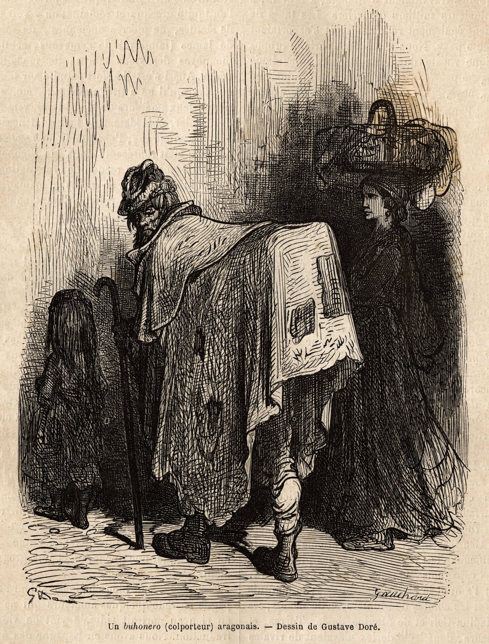 Buhonero, colporteur aragonais. Gravure pour illustrer le voyage en Espagne, par Charles Davillier, en 1862, publié dans "Le tour du monde" 1872, édité par Edouard Charton, édition Hachette, Paris. Collection Selva. - Gustave Dore