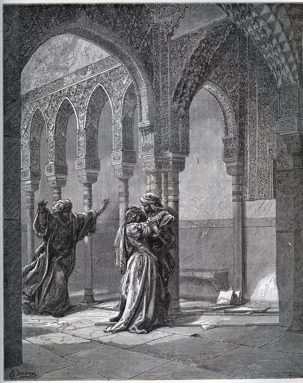 Histoire du captif. Première rencontre du captif avec Zoraïde dans le jardin de son père - de "Don Quichotte de la Manche" par Miguel Cervantes - Gravure sur bois d
