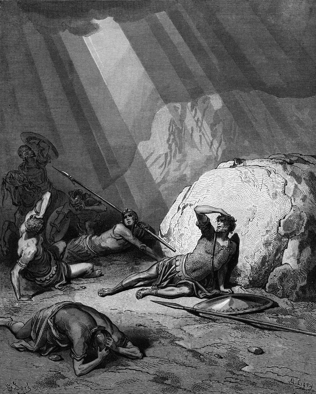 Conversion de Saint Paul sur le chemin de Damas. Actes 9. De la Bible de Gustave Doré 1865-1866. Gravure sur bois. La puissance de Dieu est représentée comme un faisceau de lumière. - Gustave Dore