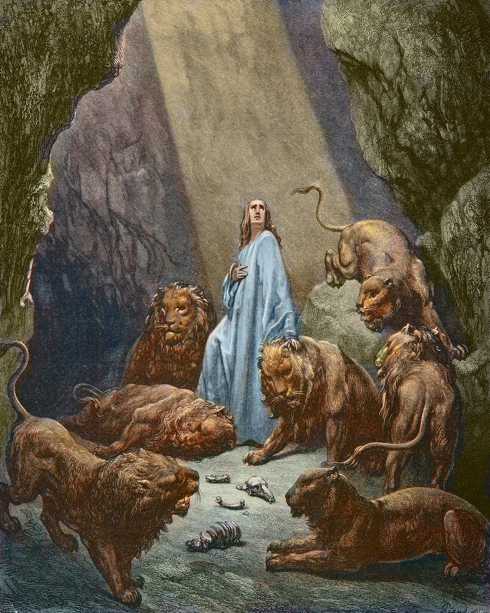 Daniel est jeté dans la fosse aux lions - Daniel dans la fosse aux lions - gravure par Gustave Doré - coloration ultérieure. - Gustave Dore