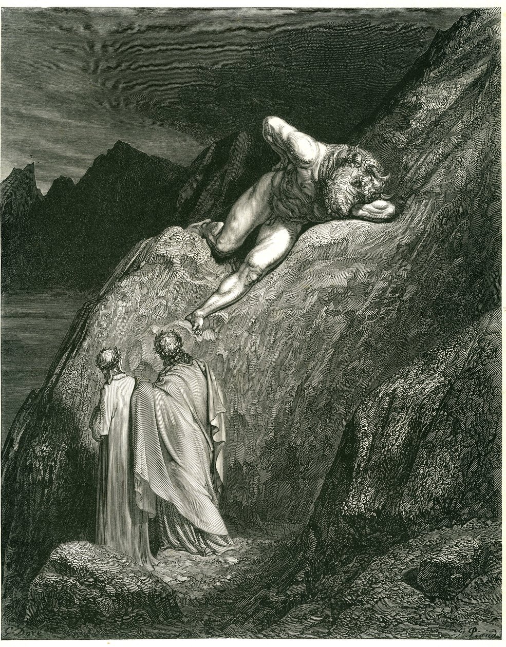 Dante et Virgile rencontrent le Minotaure. Gravure de L