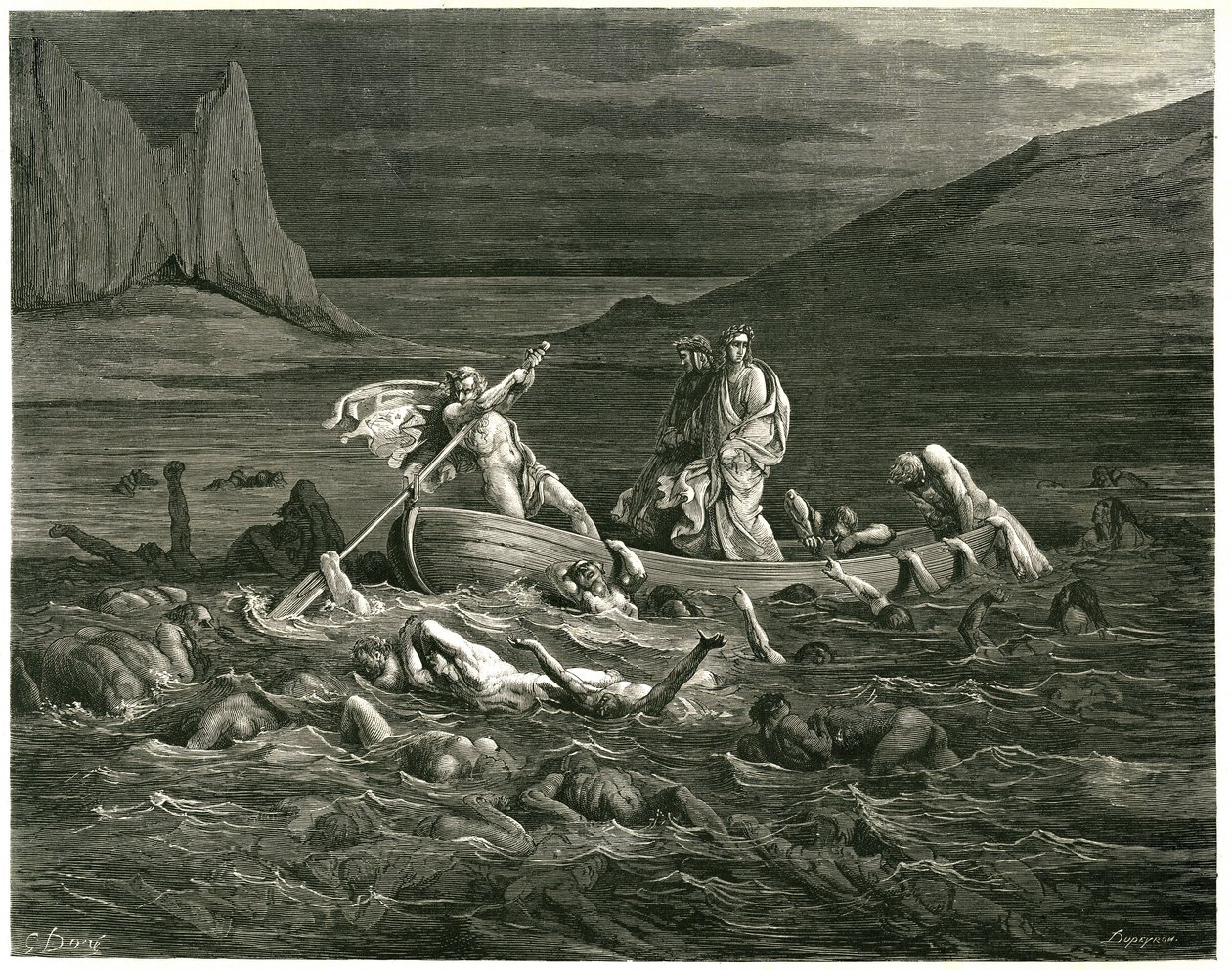 Dante et Virgile naviguent, guidés par le Nocher Phlégias, sur le Styx où des damnés essaient de monter dans le bateau. Gravure de L