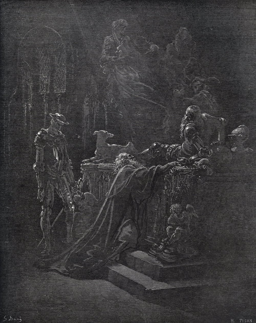 Don Quichotte, Montesinos et Durandarte, dans la grotte de Montesinos - de « Don Quichotte de la Manche » par Miguel Cervantes (1547-1616) - Gravure sur bois d
