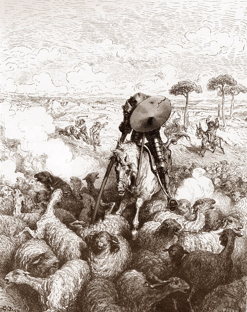 Don Quichotte attaque le troupeau de moutons. Gravure de Gustave Doré pour "L
