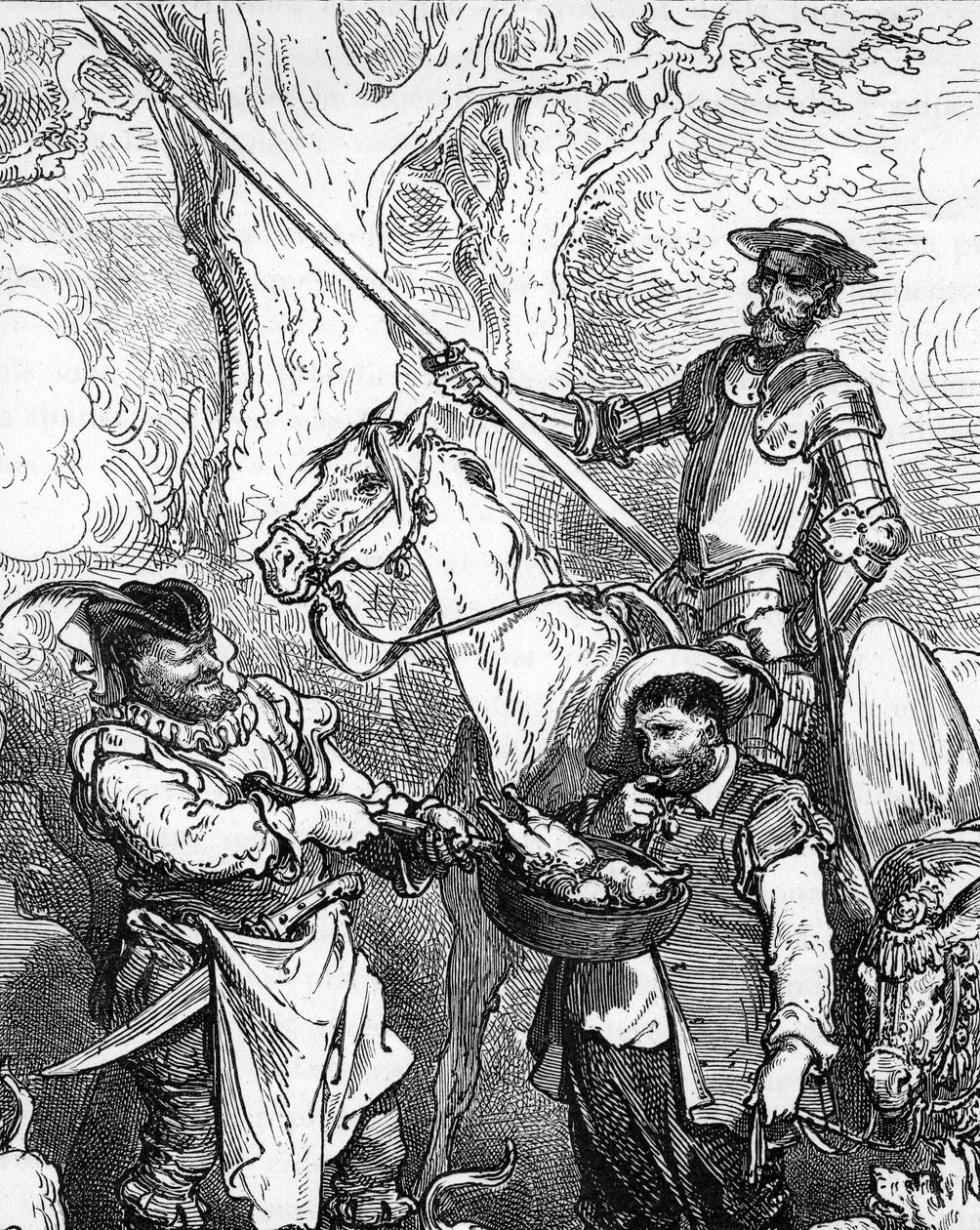 Don Quichotte, lance à la main et monté sur son cheval Rossinante, prêt à partir à l