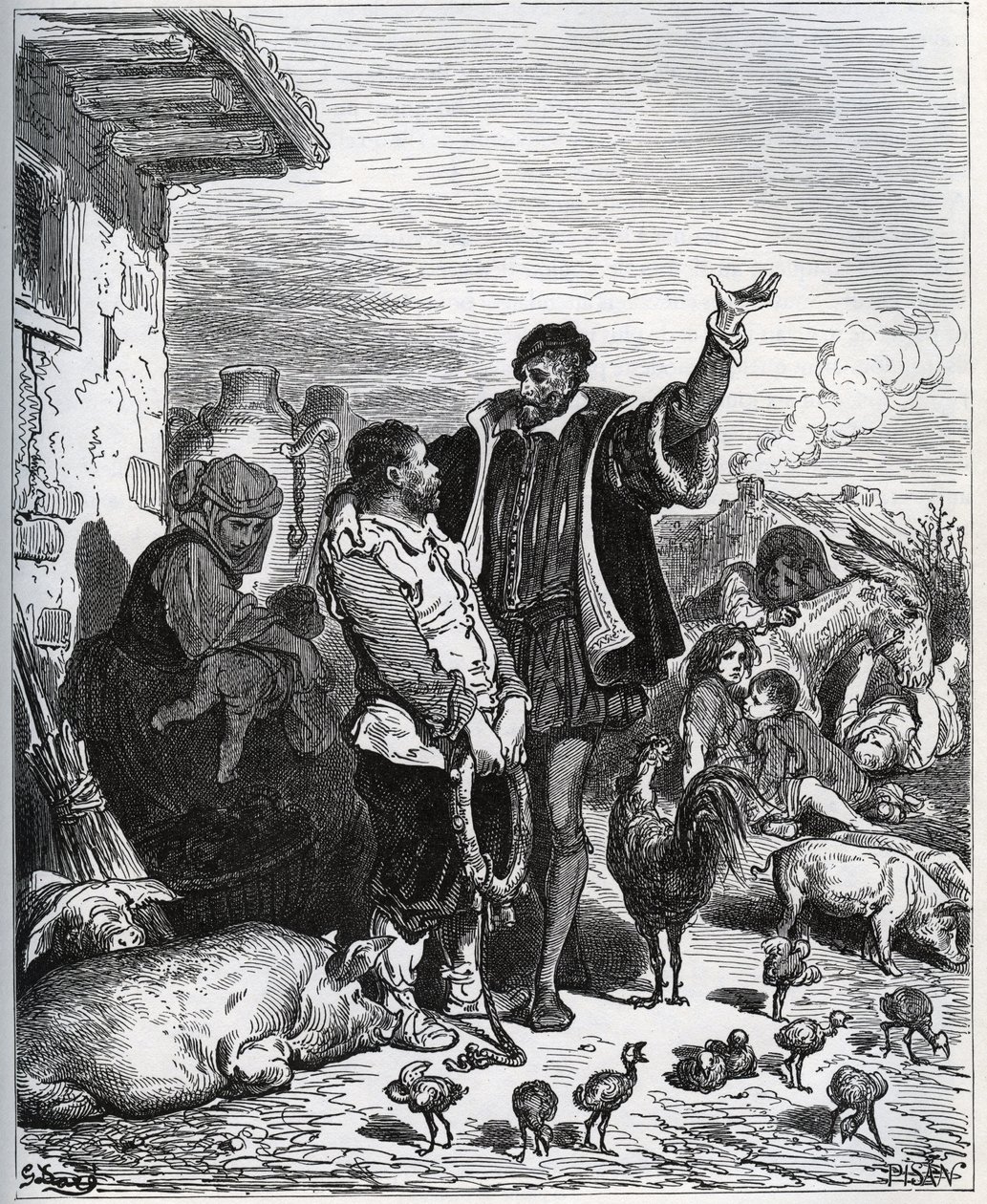 Don Quichotte convainc son voisin Sancho Panza de devenir son écuyer - de "Don Quichotte de la Manche" de Miguel Cervantes - Gustave Dore
