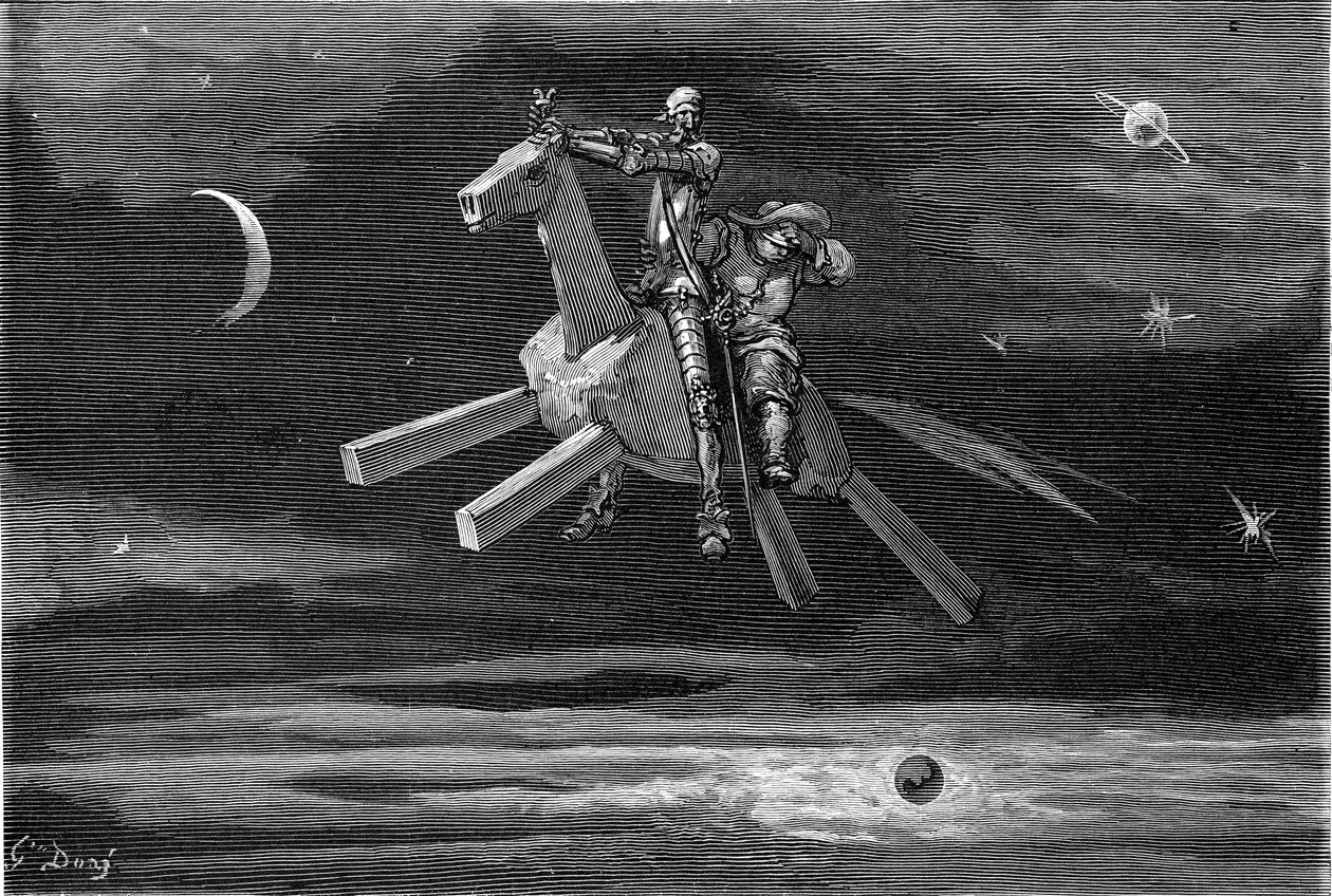 Don Quichotte et Sancho Panza dans le ciel, entre la lune et les étoiles, chevauchant le cheval de bois Clavilegne. Gravure de Gustave Doré illustrant l