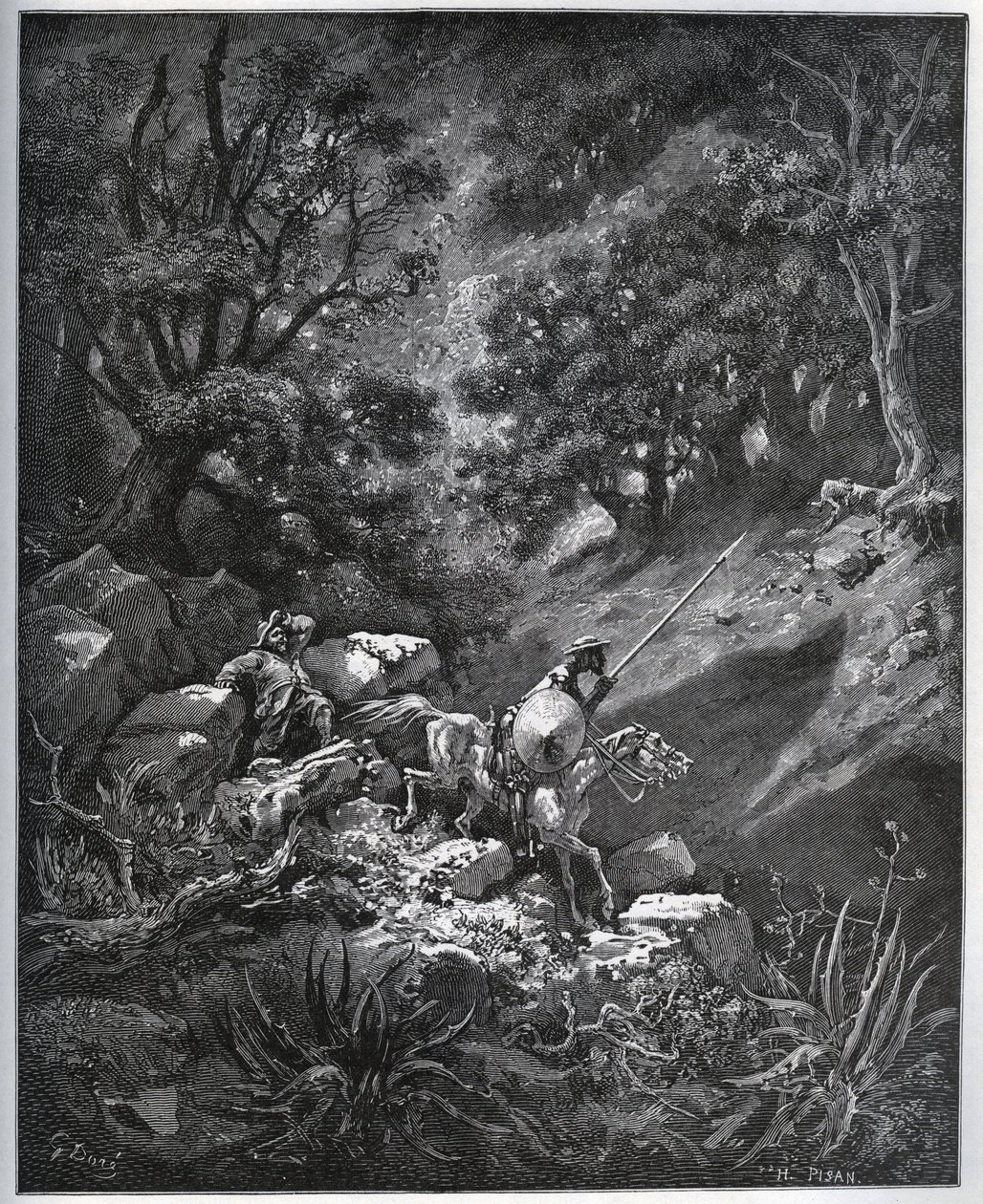 Don Quichotte et Sancho Panza continuent leur voyage dans la Sierra Morena à la recherche de la Deguenille-de-la-Malaise-Mine - de "Don Quichotte de la Manche" par Miguel Cervantes (1547-1616) - Gravure sur bois d