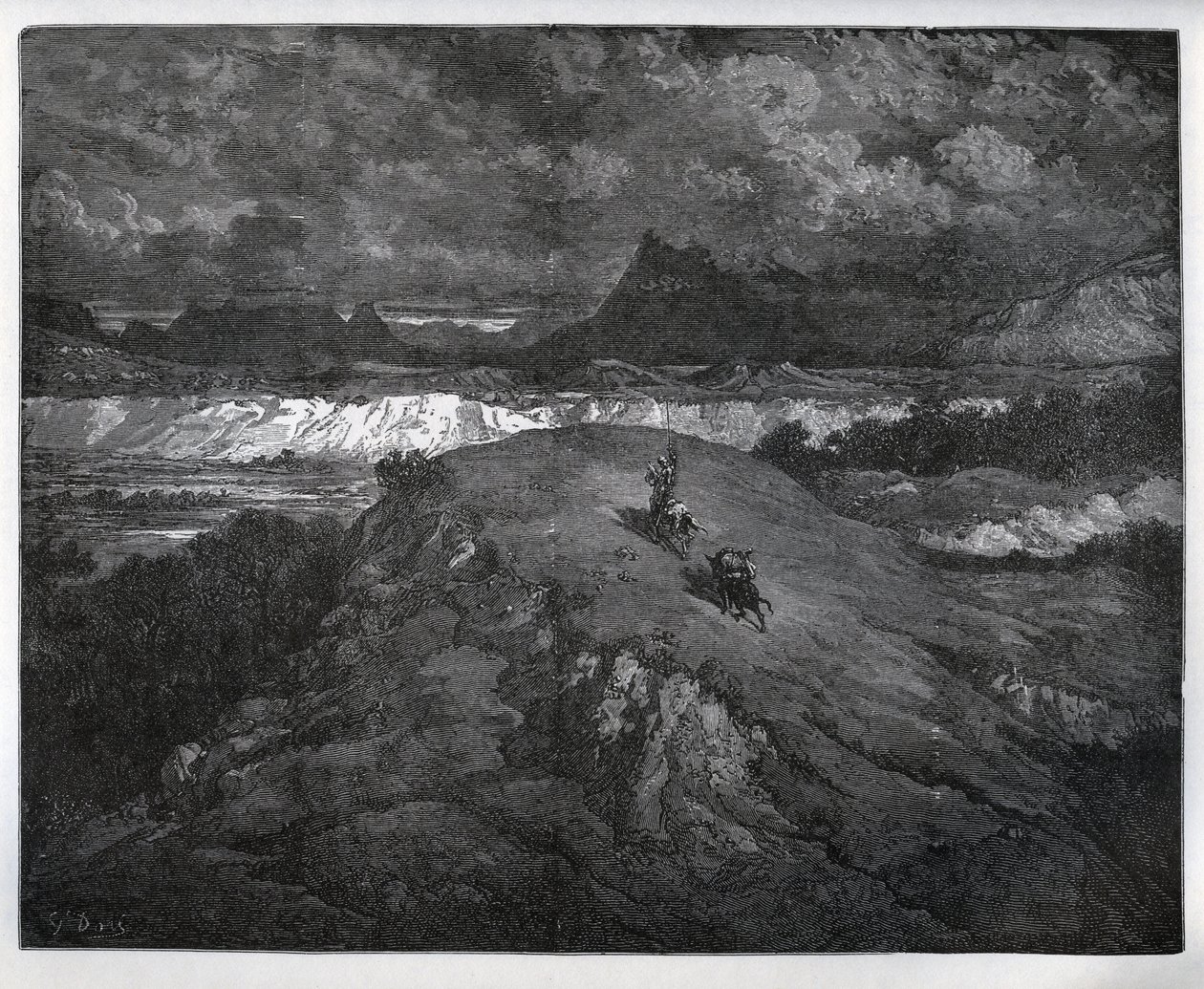 Don Quichotte et Sancho Panza continuant leurs aventures dans une région montagneuse, Sierra Morena - de "Don Quichotte de la Manche" par Miguel Cervantes (1547-1616) - Gravure sur bois d