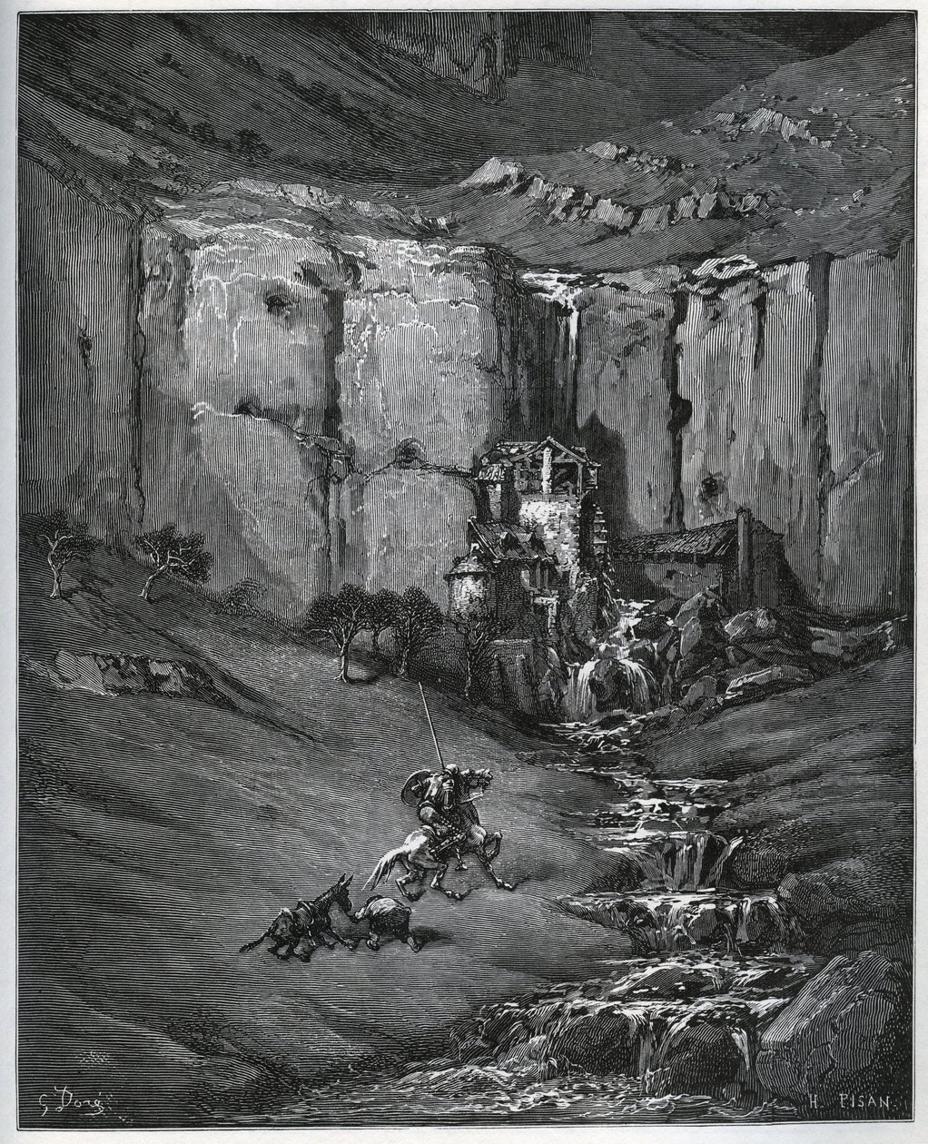Don Quichotte et Sancho Panza découvrent la cause de leur inquiétude, une cascade et un moulin à foulon - de "Don Quichotte de la Manche" par Miguel Cervantes (1547-1616) - Gravure sur bois d
