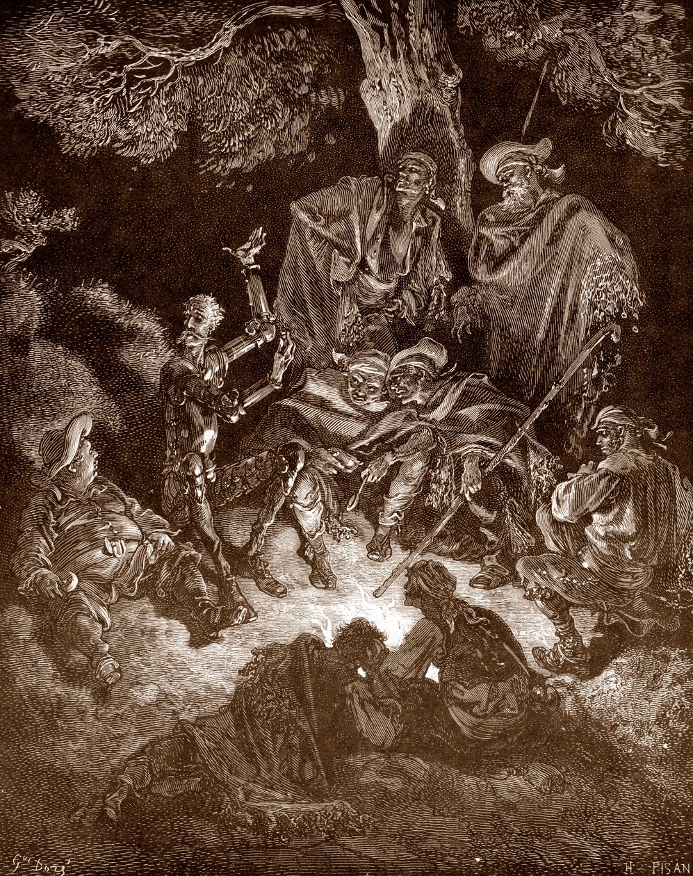 Don Quichotte et Sancho Panza avec les chevriers, gravure de Gustave Doré pour 