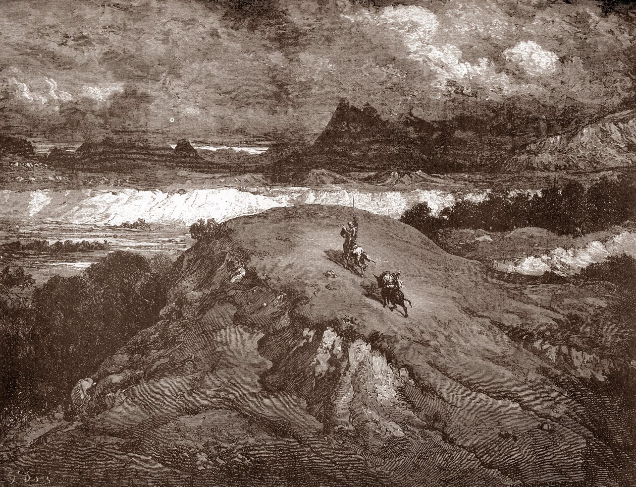 Don Quichotte et Sancho Panza approchant la Sierra Morena, gravure de Gustave Doré pour « L