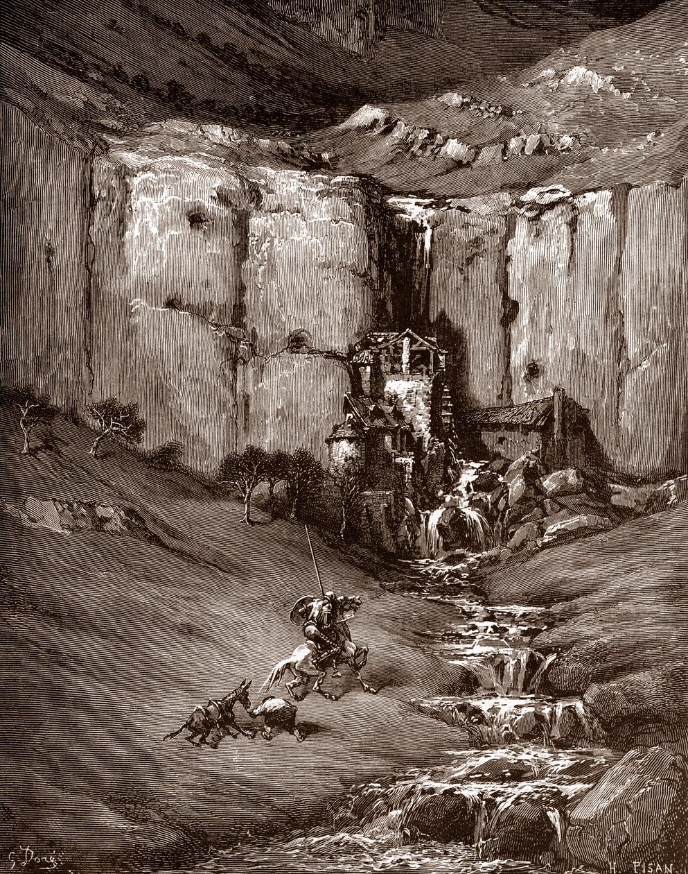 Don Quichotte et Sancho Panza voient une cascade et des cabanes bruyantes Gravure par Gustave Doré (1832-1883) pour « L