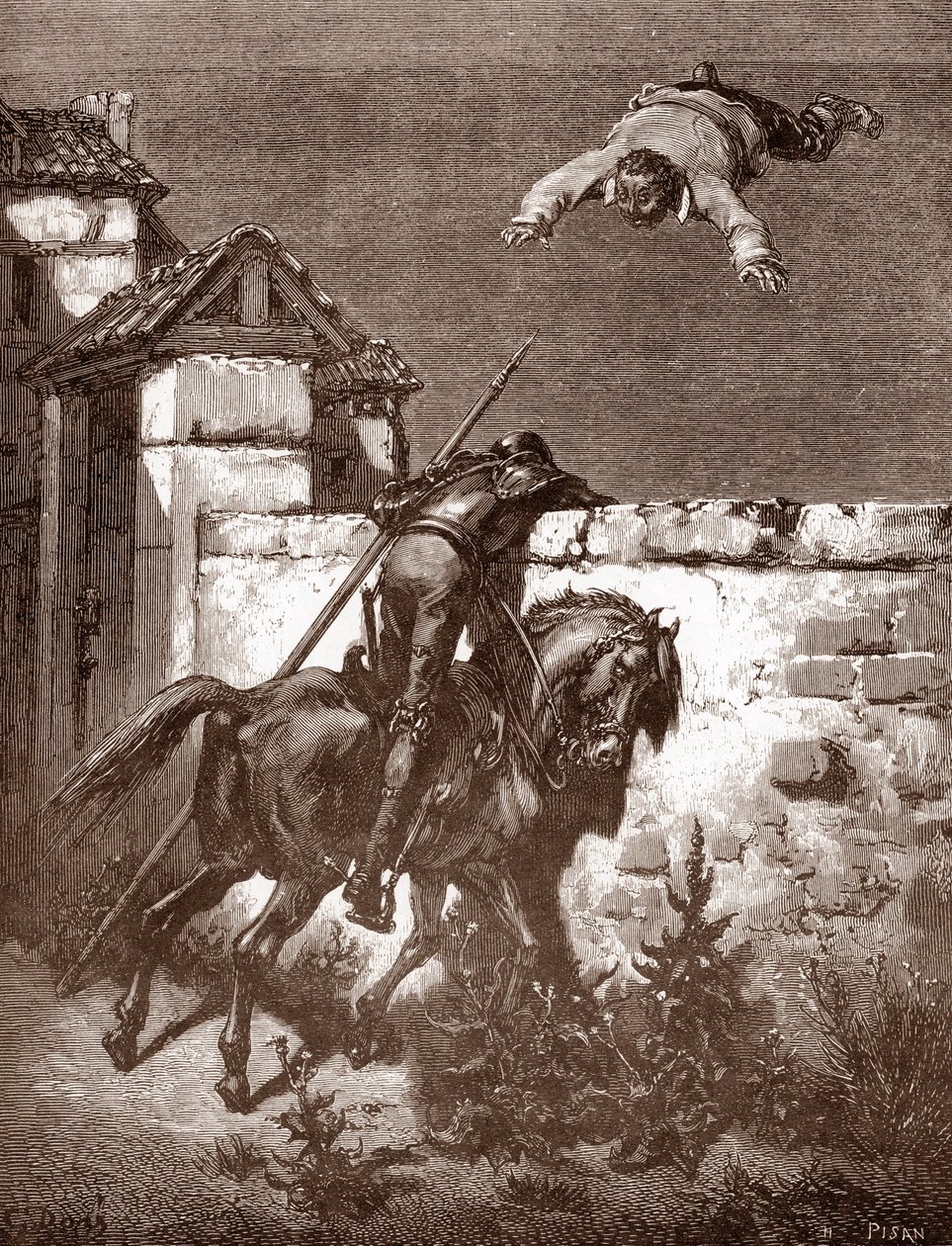 Don Quichotte ne parvient pas à arrêter les lanceurs de Sancho Panza qui le font rebondir sur une couverture, gravure de Gustave Doré pour 