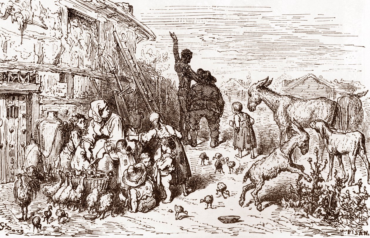 Don Quichotte persuade son voisin Sancho Panza de devenir son écuyer Gravure de Gustave Doré (1832-1883) pour « L