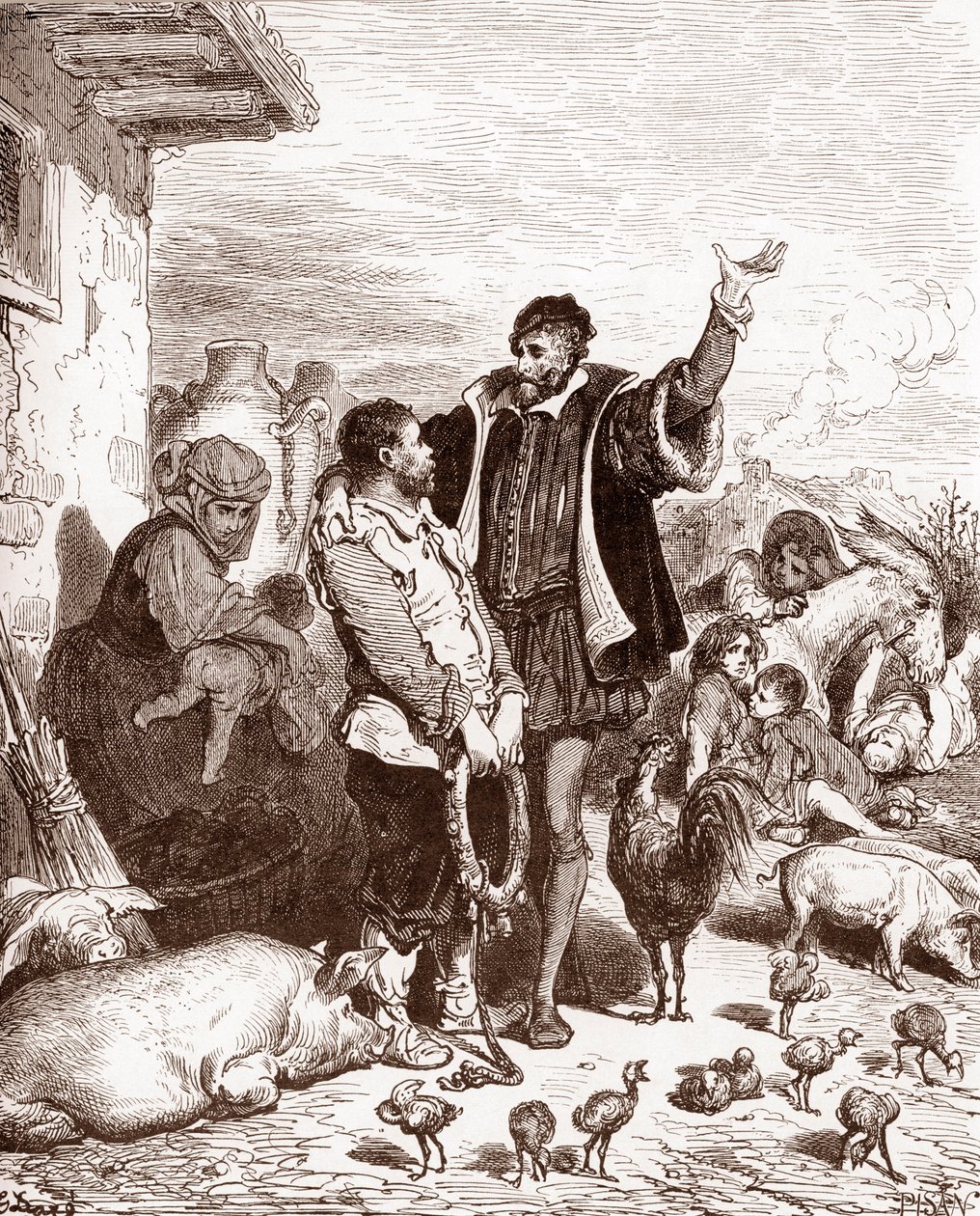 Don Quichotte persuade son voisin Sancho Panza de devenir son écuyer en lui promettant de le faire gouverneur de quelque île conquise Gravure de Gustave Doré (1832-1883) pour « L