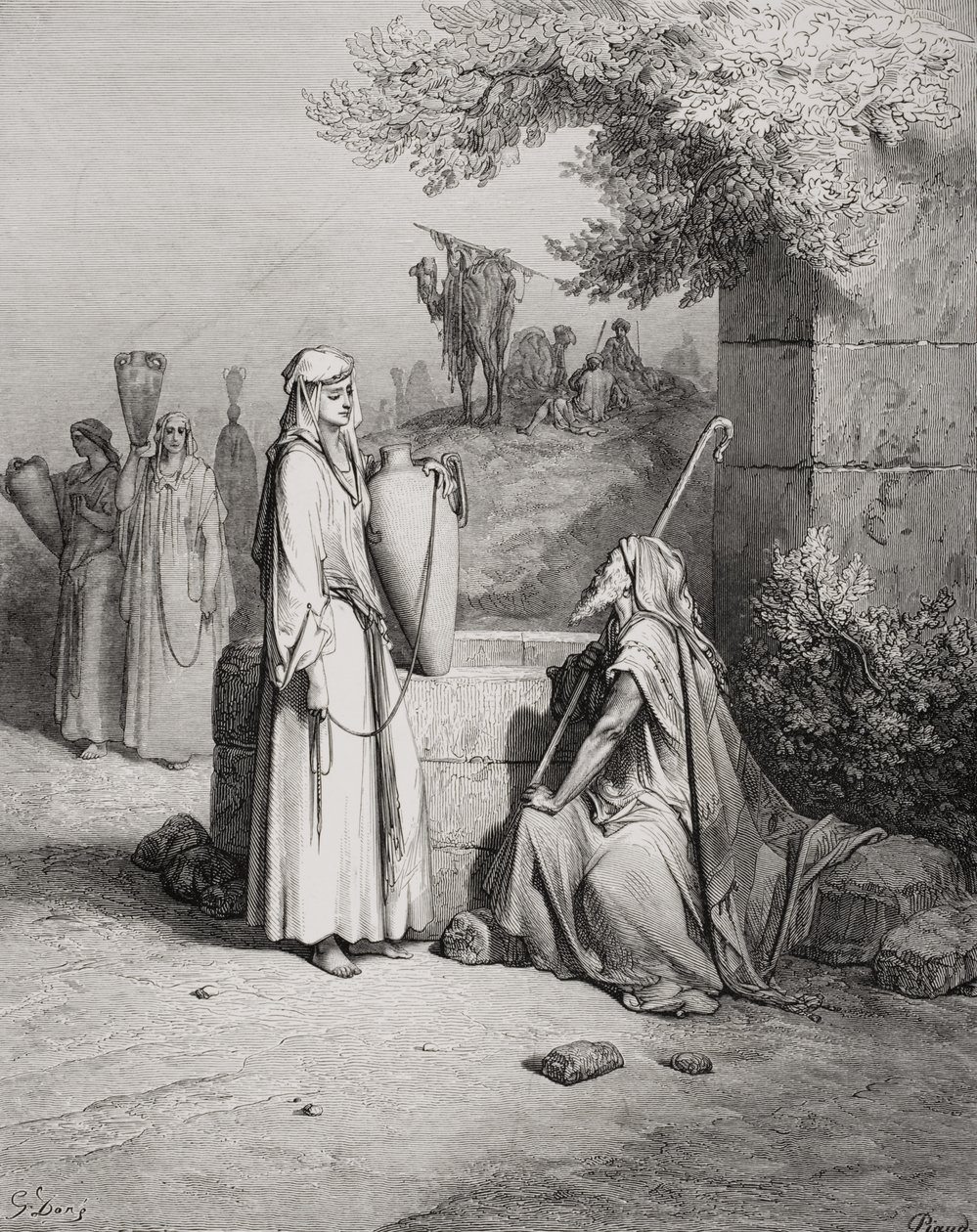 Éliézer et Rébecca, Genèse 24:15-21, illustration tirée de 